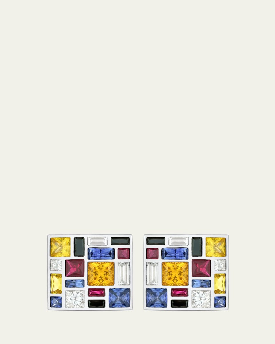 18K White Gold De Stijl Earrings with Diamonds and Gemstones